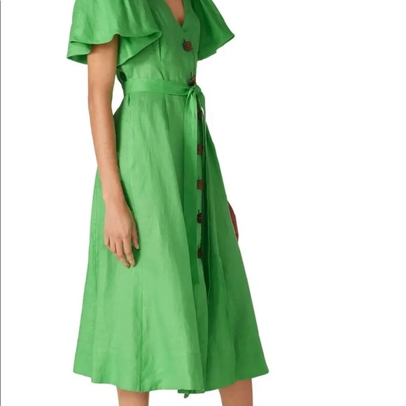 NICHOLAS Troy Dress Green Linen Midi Button Front Puff Sleeves US 4 Small - Picture 5 of 16